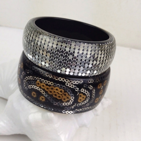 2 Blingy (1 Paisley) Boho Disco Resin Coated Chunky Cool Bangles EUC - Picture 9 of 12